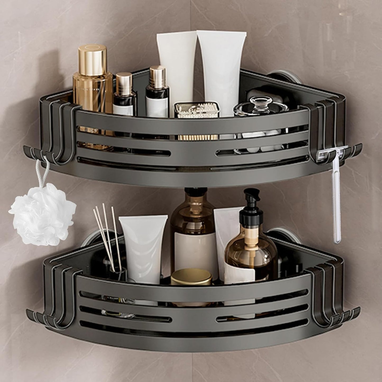 Tokokimo Corner Shower Caddy Suction Cup, 2-Pack Aluminum Bathroom Shelf Shower Rack, Detachable and Reusable, No Drilling, Grey