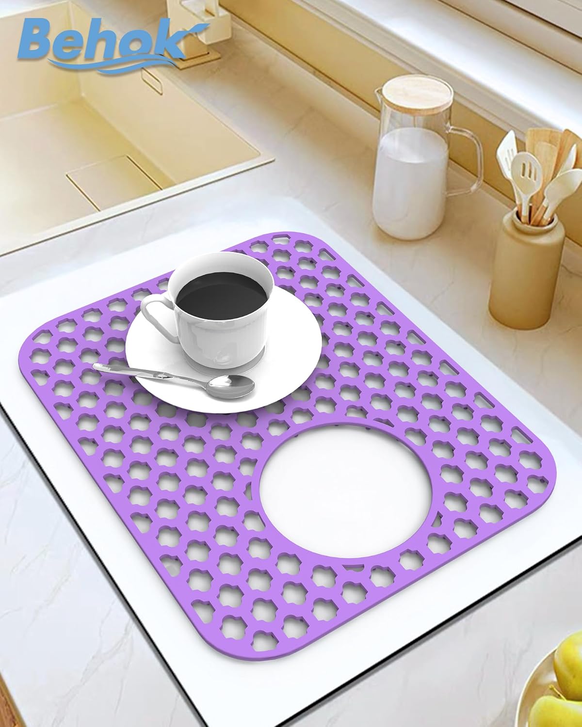 BEHOK 2 Pack Silicone Sink Protector for Kitchen Sink Bathroom Sink 13.58"x 11.6" Sink Mat, Non-Slip and Durable Silicone Sink Grid, Rear Drain (Gray)