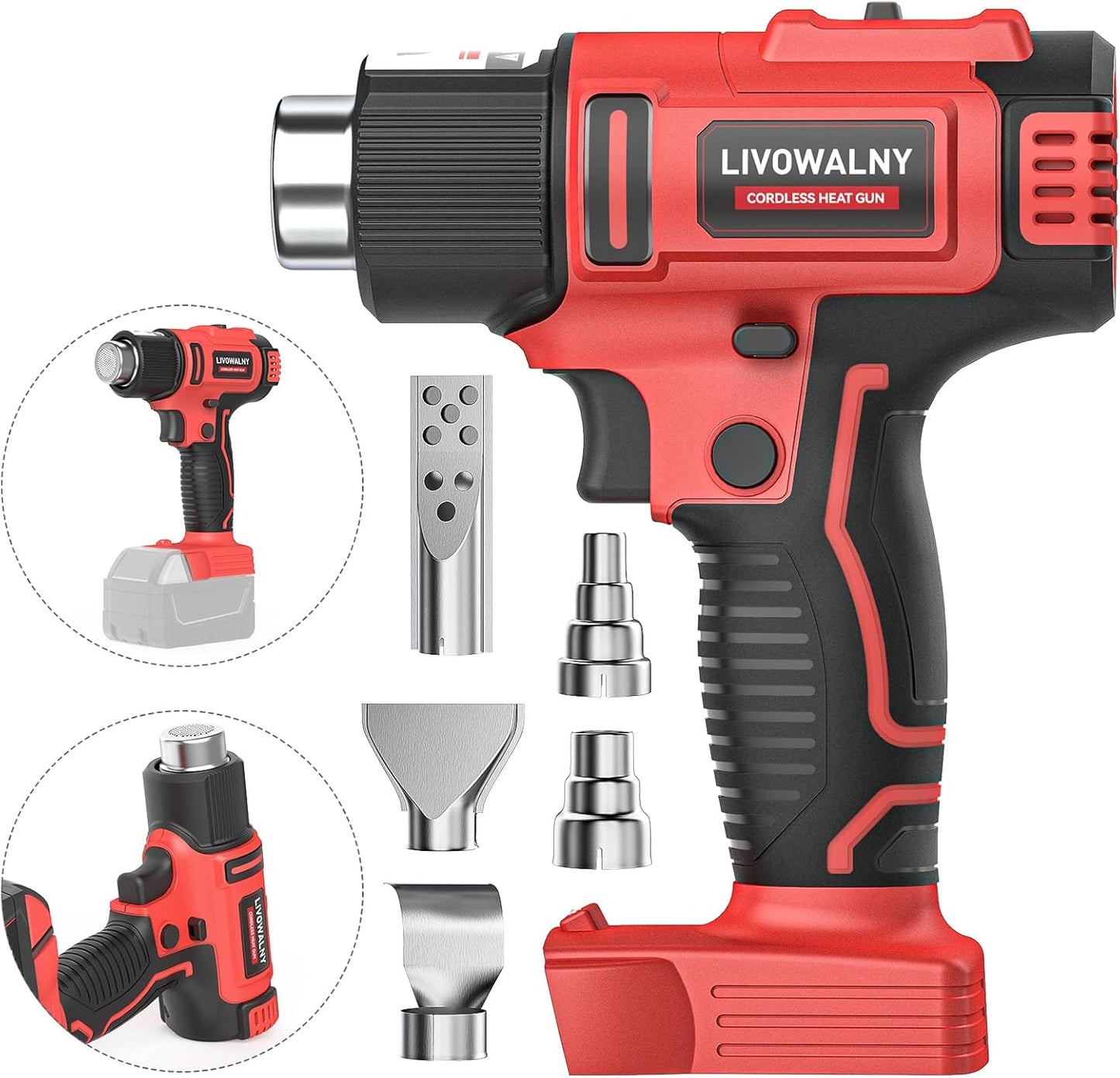 LIVOWALNY Cordless Heat Gun Compatible with Milwaukee 18V Battery (Tool Only) 18V 350W Hot Air Gun I: 300℃（572°F), II: 550℃（1022°F) Dual Temperature Control Battery Powered Heat Gun Kit