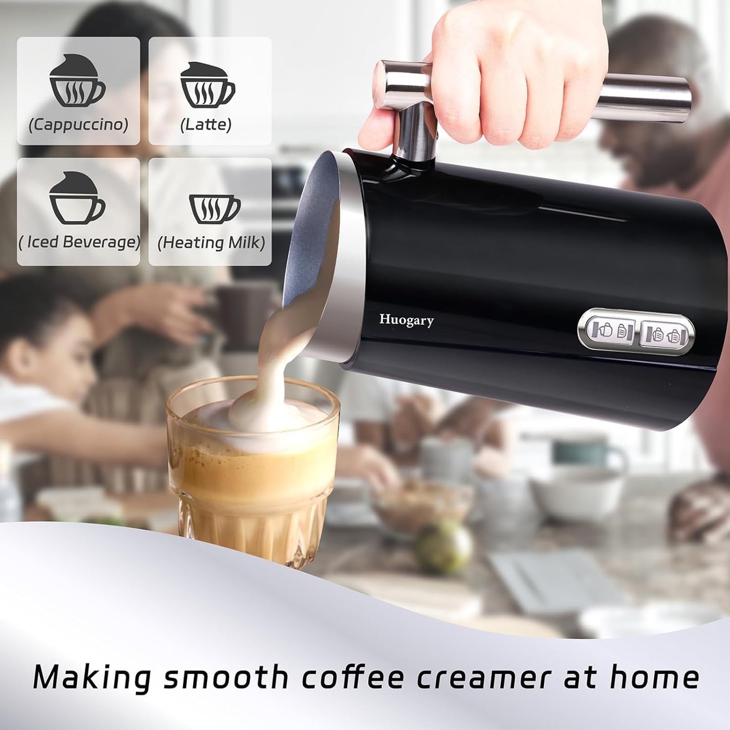 Huogary Milk Frother, 4 in 1 Milk Steamers and Frothers, 4.4oz Electric Warm and Cold Foam Maker, 10oz Milk Warmer, Auto Shut-Off Frother for Coffee, Latte, Cappuccino, Macchiato, Hot Chocolate Black