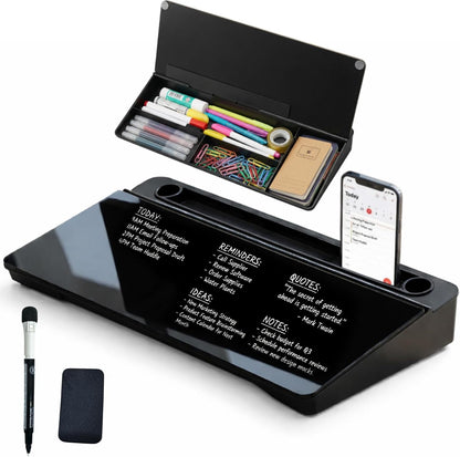 Ideal Swan Glass Desk Whiteboard with Storage, Black Desktop Whiteboard