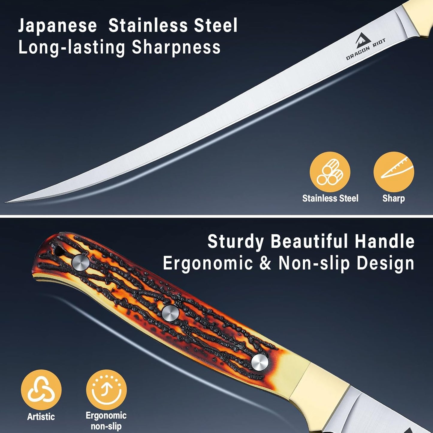 DRAGON RIOT Fillet Knife 7.5 inch Professional Boning Knife for Filleting Japanese Stainless Steel Fish Knife with Ergonomic Handle Super Sharp Fish Filleting Knife for Meat Poultry Cutting