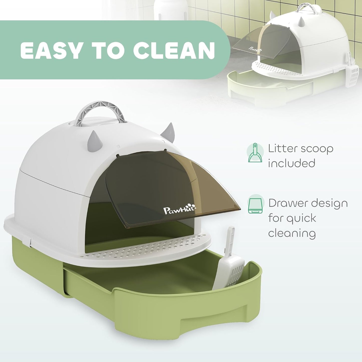 PawHut Cat Litter Box with Lid, Drawer Style Enclosed Kitty Litter Box with Front Door Flap, Scoop, Handle, Easy Clean, Cat Litter Tray for Small and Medium Cats, Green
