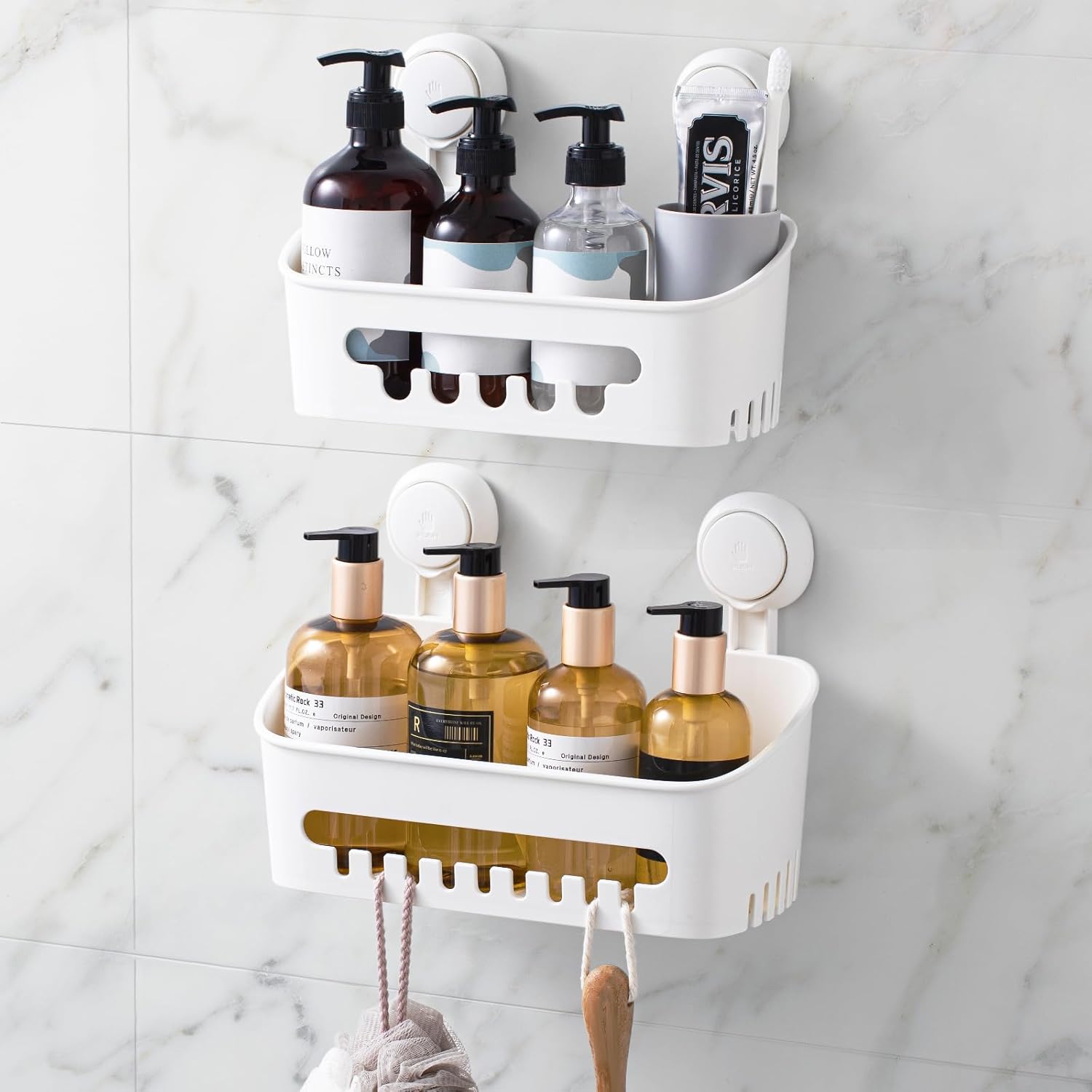 Suction Cup Shower Caddy Set of 2 – No Drill Bathroom Organizer Shelf with Strong Suction, Adjustable Wall-Mounted Shower Storage Basket, Easy Install Bathroom Organizer - PuriLite