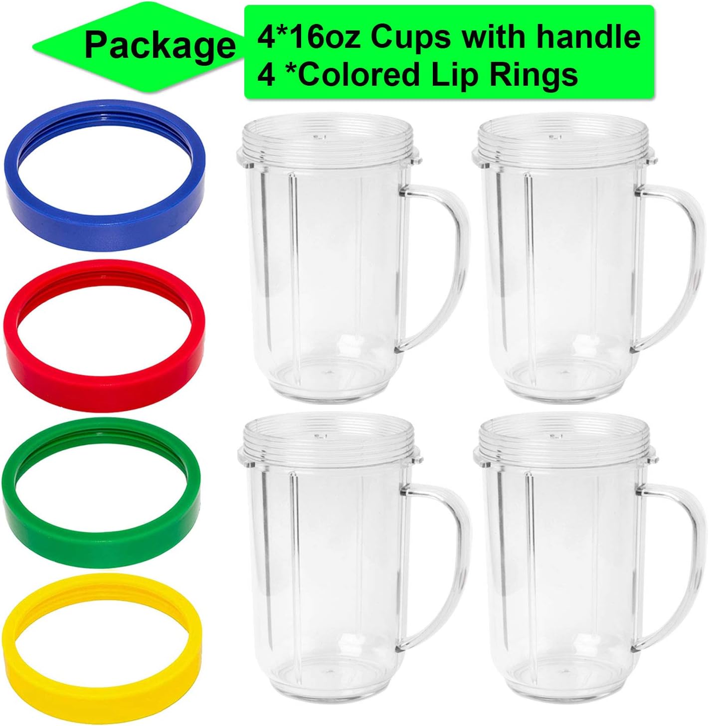 16oz Cups Compatible with Original Magic Bullet Blender Juicer 250W MB-1001 Party Cups Mugs with Colored Lip Rings,No Lids(Pack of 4)