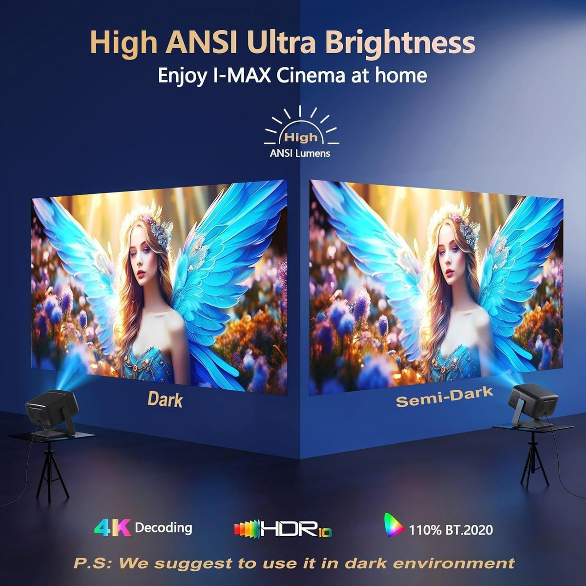 [4600 ANSI/Official Apps/65W Audio] Outdoor 4K Projector with WiFi and Bluetooth, Auto Focus, Auto Keystone Smart Projector Support DoIby Audio, Upgrade Short Throw Projector with 360°Stand