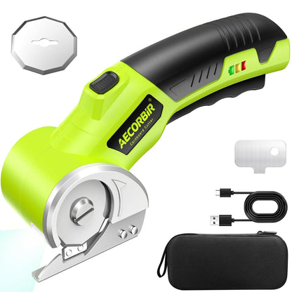Cordless Electric Scissors: 4V Rechargeable Rotary Cardboard Cutter, 3000mAh Battery, with LED Light & Safety Lock, 2 Blades, Electric Box Cutter for Fabric Carpet Carton Plastic Leather Cloth