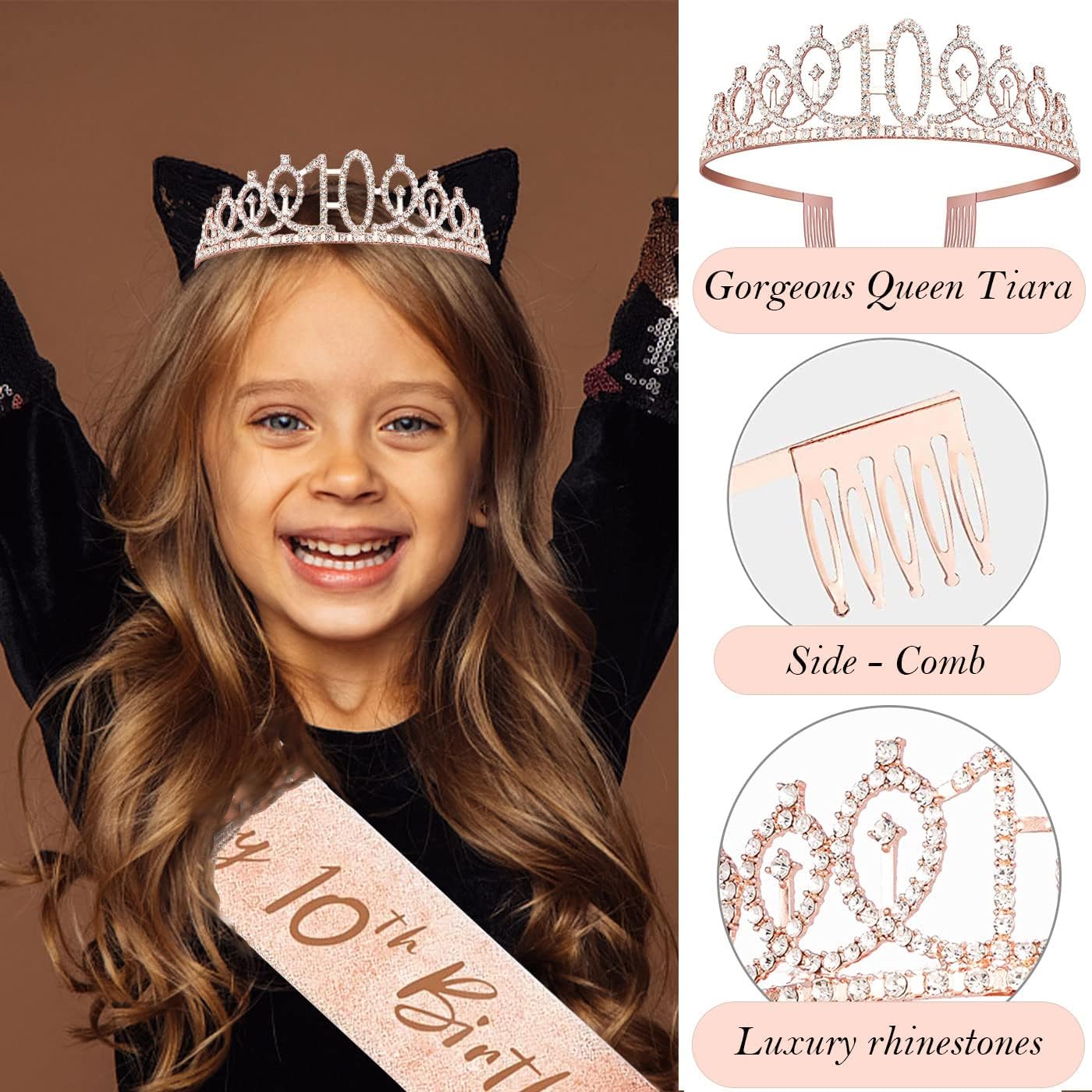 8pcs 40th Birthday Decorations gifts for Women, Including 40th Happy Birthday Cake Topper, Queen Sash with Pearl Pin, Sweet Rhinestone Tiara Crown for Women, Number Candles and Balloons (Rose Gold)