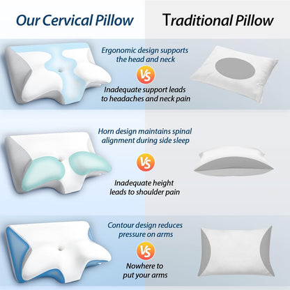 HOMCA Memory Foam Pillow, 2 in 1 Cervical Pillow for Neck Pain Relief, Ergonomic Neck Support Pillows for Side Back Stomach Sleepers with Breathable Pillowcase (Gray)