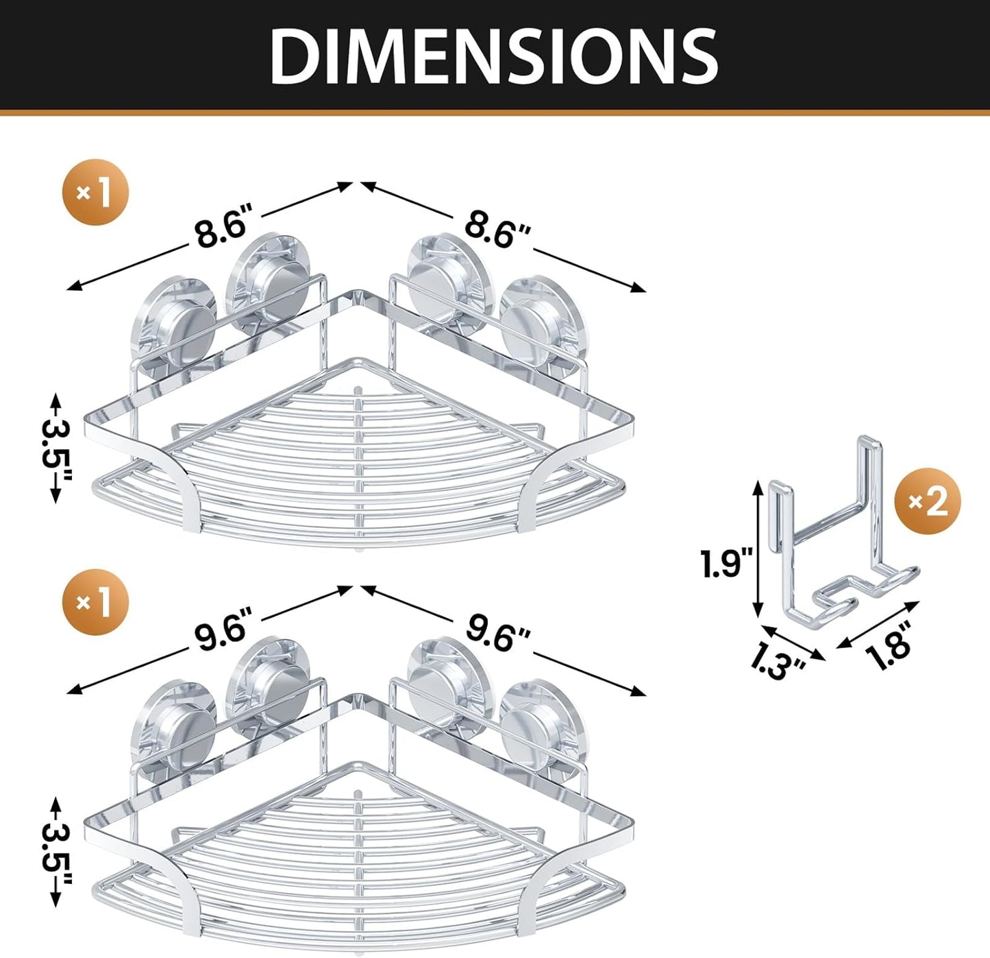 LEVERLOC Shower Caddy Suction Cup, 2 Pack Black Shower Shelf with Hooks and Soap Holder, NO-Drilling Bathroom Organizer, Rustproof Metal Bathroom Storage and Organization