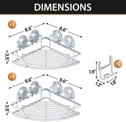 LEVERLOC Shower Caddy Suction Cup, 2 Pack Black Shower Shelf with Hooks and Soap Holder, NO-Drilling Bathroom Organizer, Rustproof Metal Bathroom Storage and Organization