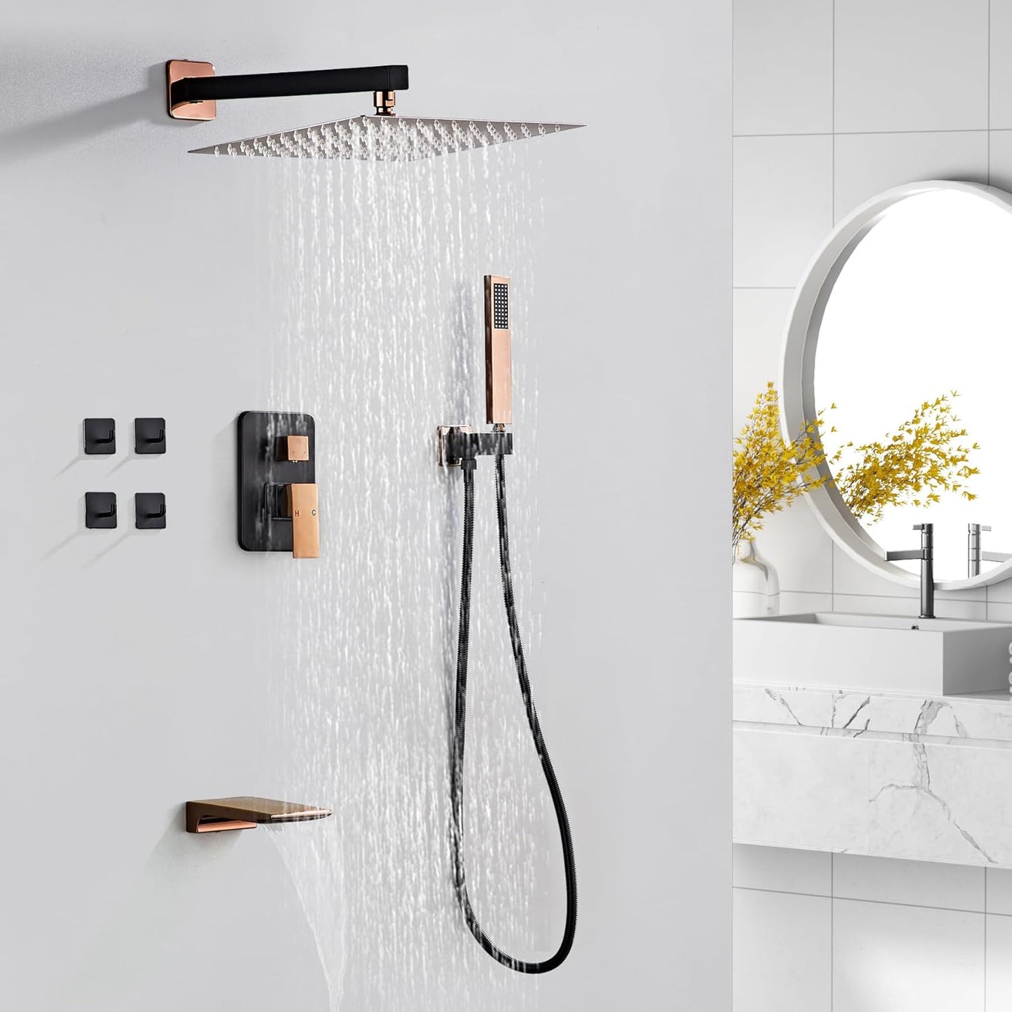LCEVCGK Shower Faucet Set Complete Matte Black Shower System with 8 inch Square Rainfall Shower Head 3-Function Handheld Shower Waterfall Bathtub Spout Rain Shower Combo Set Bathroom Wall Mounted