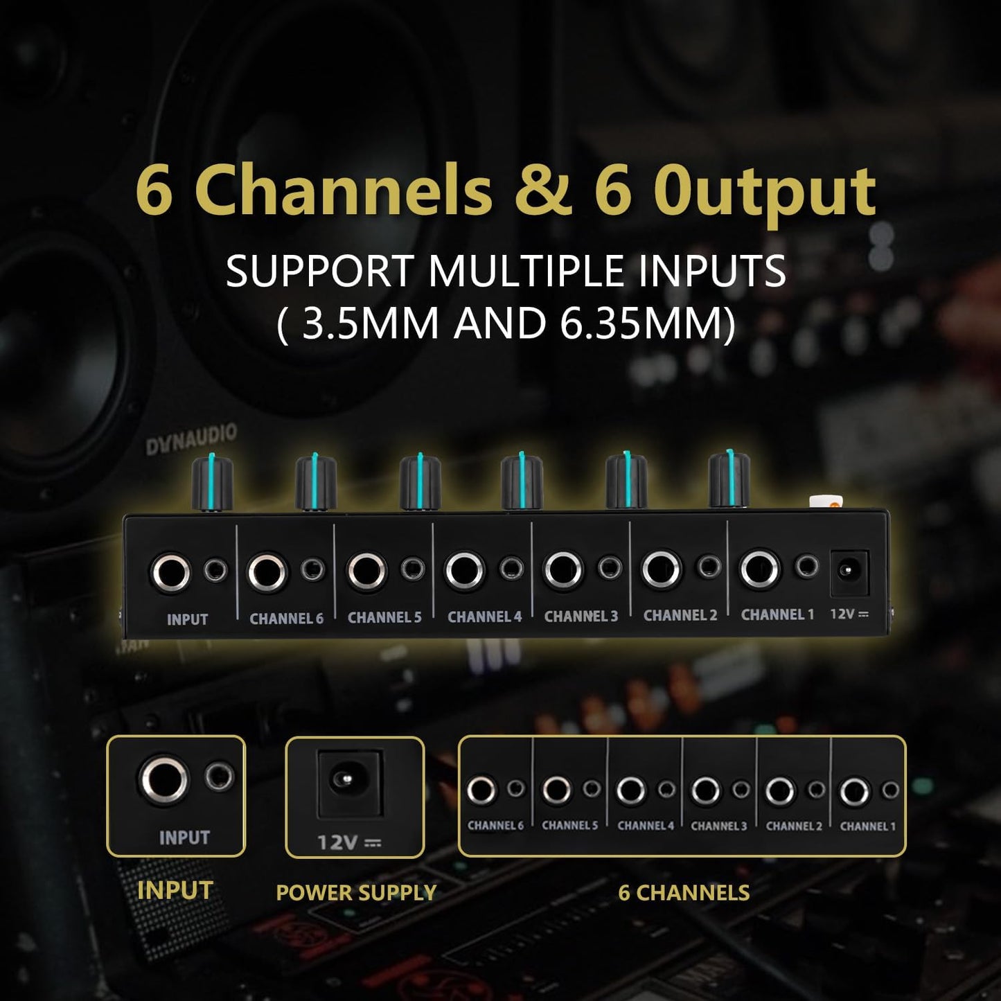 Headphone Amplifier 6 Channel, Stereo Headphone Amp with 3.5mm&6.35mm Input and Output, Metal Portable Studio Headphone Amp Splitter, Headphone Mixer with Mono and Stereo for Recording Studios