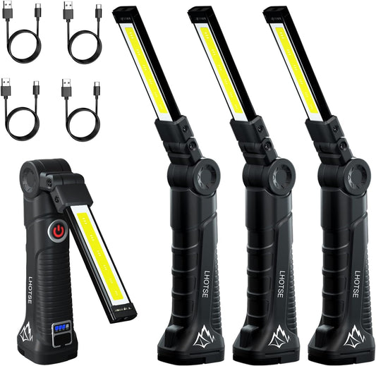 Rechargeable Work Lights, LED Work Light with Magnetic Base and Hanging Hook,360°Rotate 5 Modes Magnetic Rechargeable Flashlights for Mechanics Car Repair, Home, Garage, Emergency,BBQ,Camping(4 Pack)