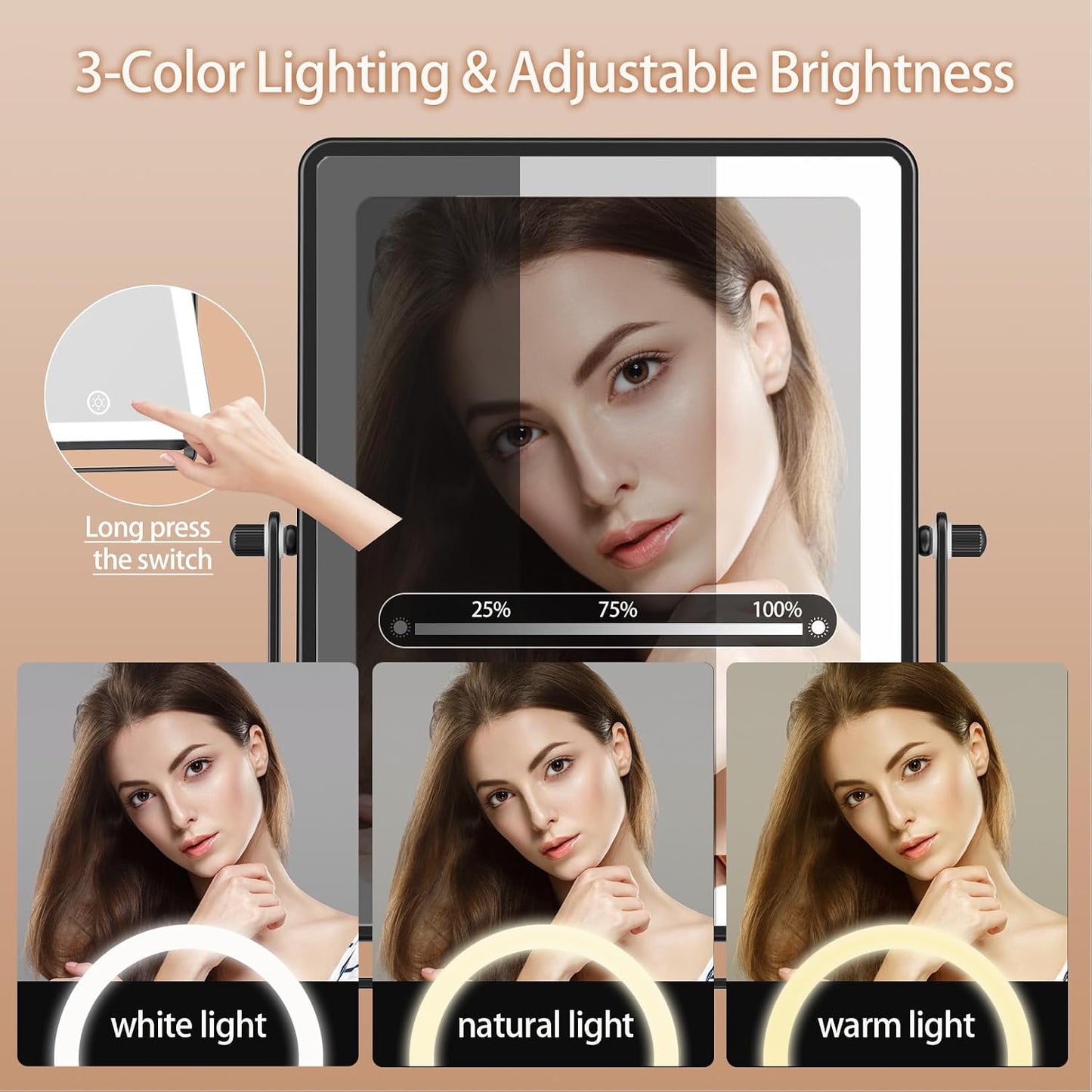FASCINATE Rechargeable Wall Mounted Makeup Mirror, 8.7" Double Sided Touch Switch 1X 30X Rectangle Magnifying Mirror with Light, 3 Color Setting, Extended Arm 360° Swivel Foldable Black