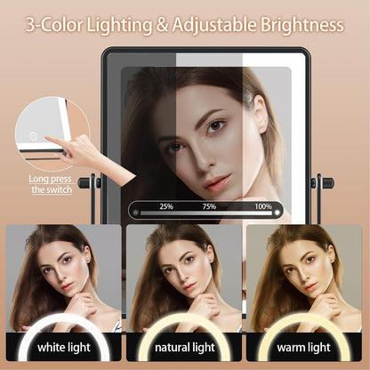 FASCINATE Rechargeable Wall Mounted Makeup Mirror, 8.7" Double Sided Touch Switch 1X 30X Rectangle Magnifying Mirror with Light, 3 Color Setting, Extended Arm 360° Swivel Foldable Black