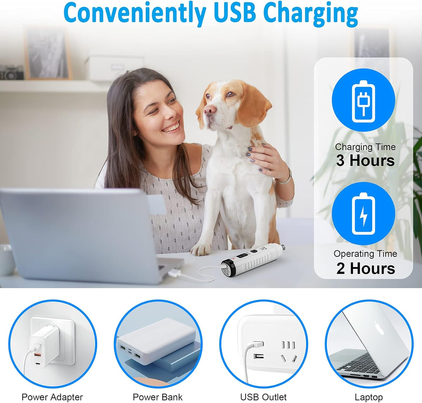 Casfuy Dog Nail Grinder with 2 LED Light for Large Medium Dogs - 3X More Powerful 2-Speed Electric Pet Nail Trimmer Rechargeable Quiet Painless Paws Grooming & Smoothing Tool