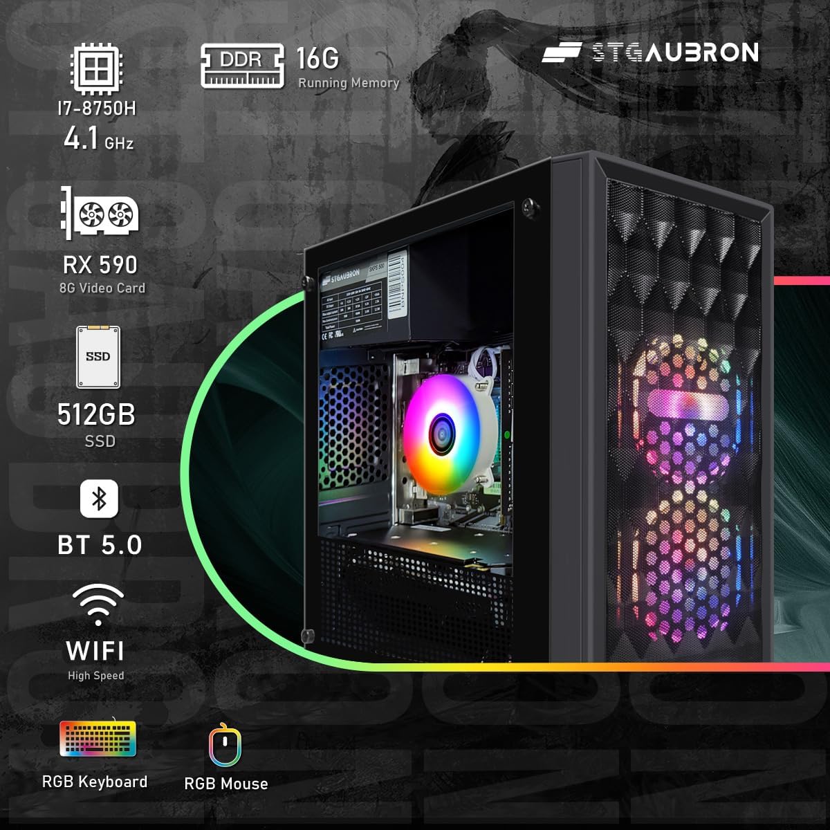 STGAubron Gaming Desktop PC, Radeon RX 590 8G GDDR5, Intel i7 Xeon E5 2.5G up to 3.3G, 32G DDR3, 1T SSD,600M WiFi, BT 5.0, RGB Fan x 6, RGB Keyboard & Mouse & Mouse Pad, W10H64