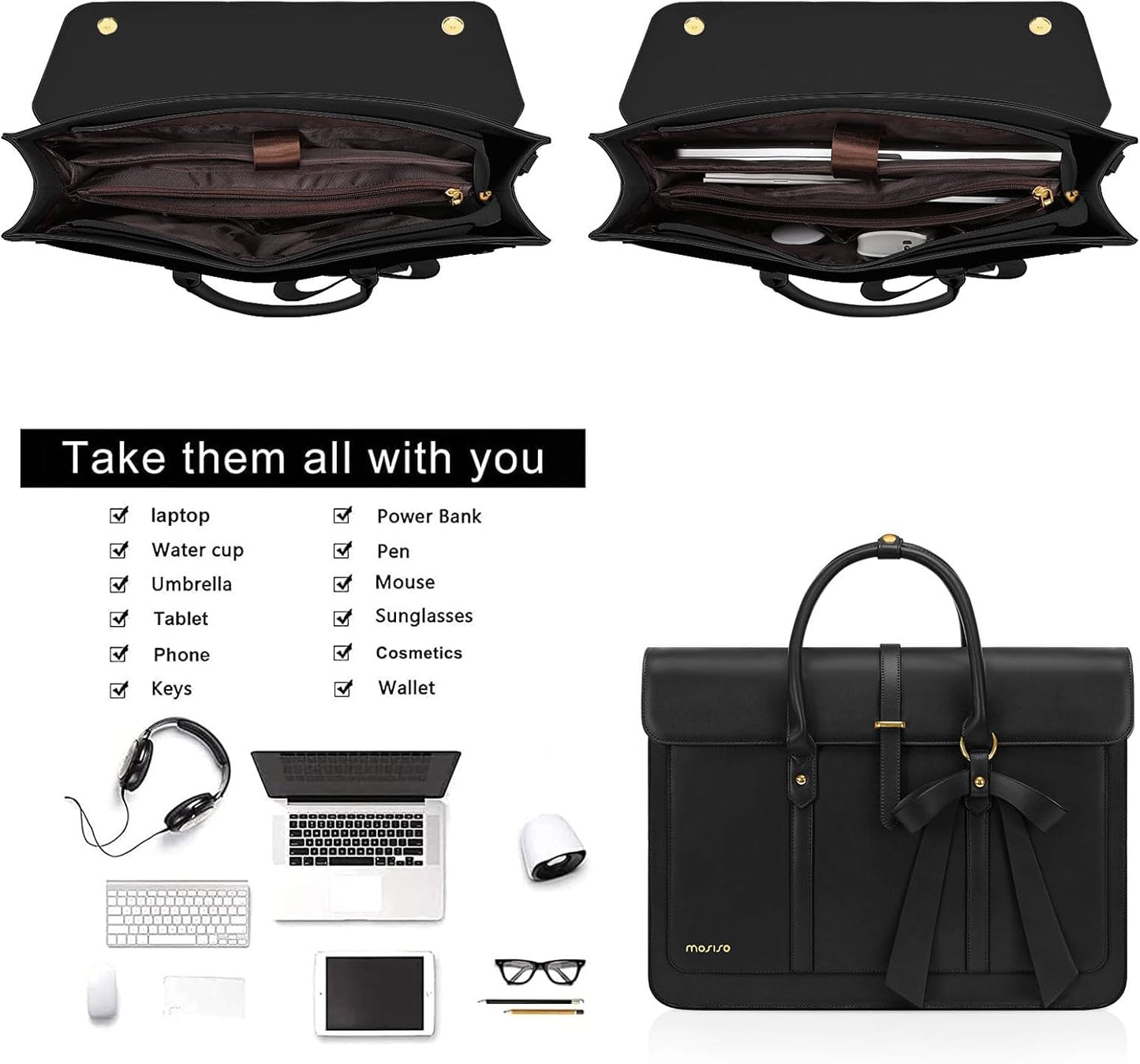 MOSISO Laptop Bag for Women, PU Leather Laptop Shoulder Bag Convertible Backpack, Work Travel Computer Bag with Bowknot - PuriLite
