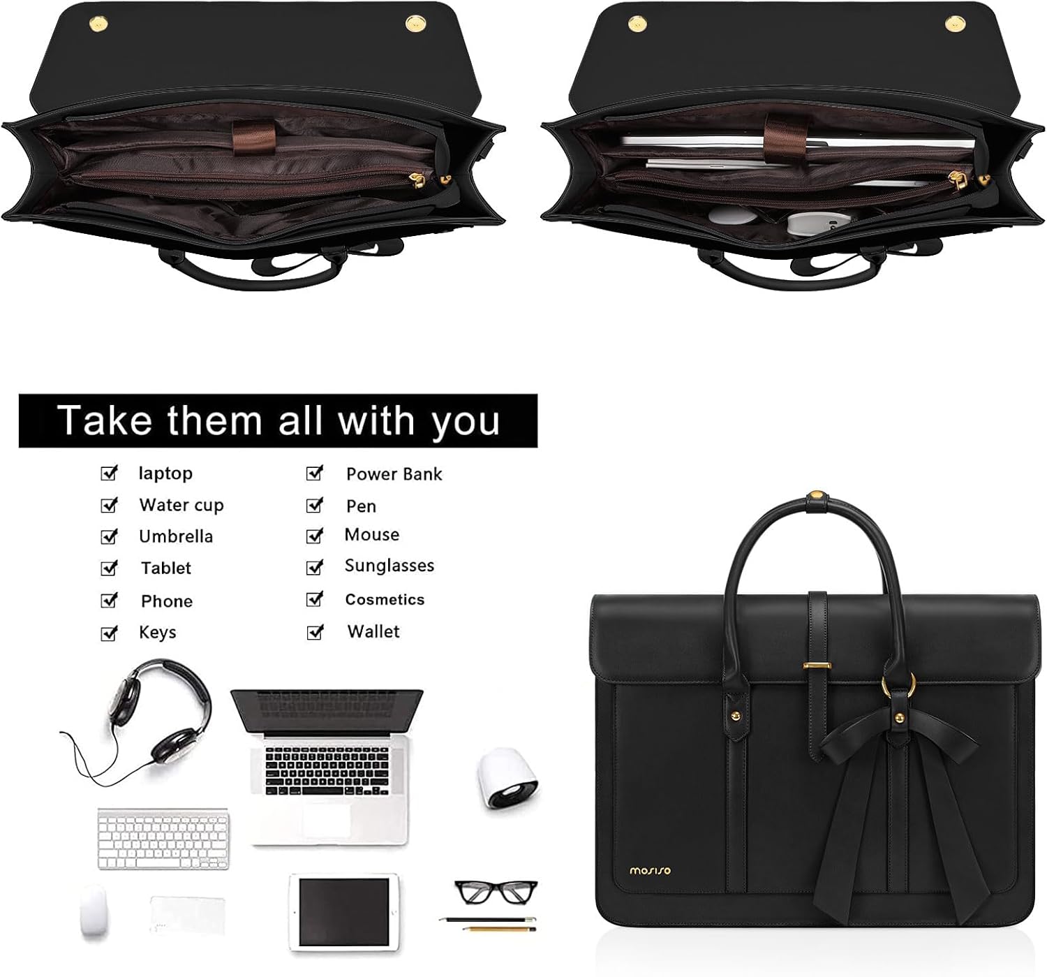 MOSISO Laptop Bag for Women, PU Leather Laptop Shoulder Bag Convertible Backpack, Work Travel Computer Bag with Bowknot - PuriLite