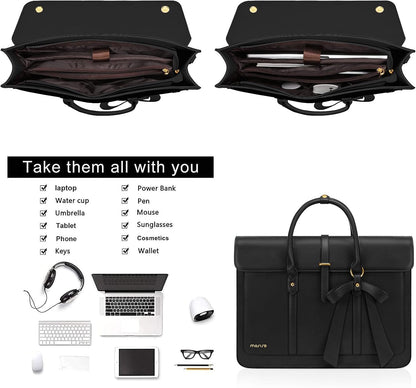 MOSISO Laptop Bag for Women, PU Leather Laptop Shoulder Bag Convertible Backpack, Work Travel Computer Bag with Bowknot - PuriLite