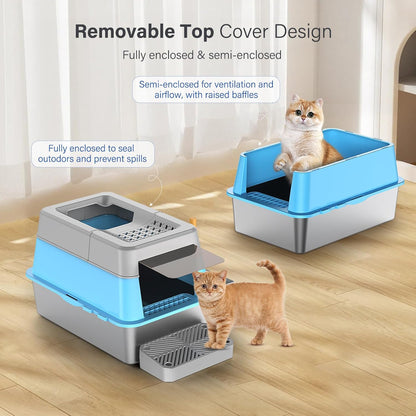 Stainless Steel Litter Box with Lid, XL Extra Large Enclosed Cat Litter Box for Big Cats 110° Flip Cover, Top Entry Metal High Sided Litter Box & Pedal & Scoop, Anti-Leakage (Grey)