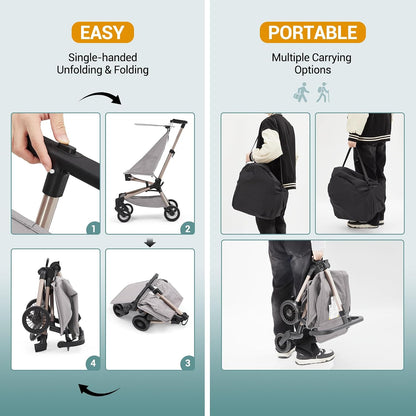 Lightweight Baby Travel Stroller, 8.4 Lbs Compact Airplane Friendly Stroller, One-Hand Quick Fold Design, Breathable Fabric with UPF 50+ Sun Canopy, Overhead Bin Compatible Portable Car for Infants & Toddlers,Grey