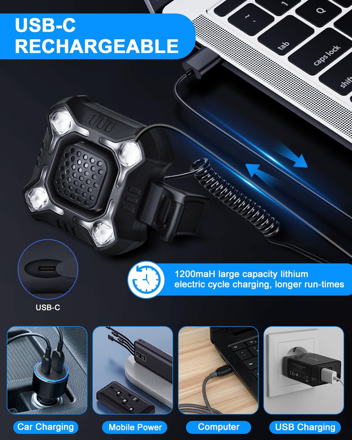 EQIIO 140dB Electric Bike Horn with Headlight, 2 in 1 Bicycle Horn 6 Sound Modes USB-C Rechargeable, Bike Bell with Large Range Floodlight Bike Horn for Adults Kids Bike Scooter Ebike, IPX6 Waterproof