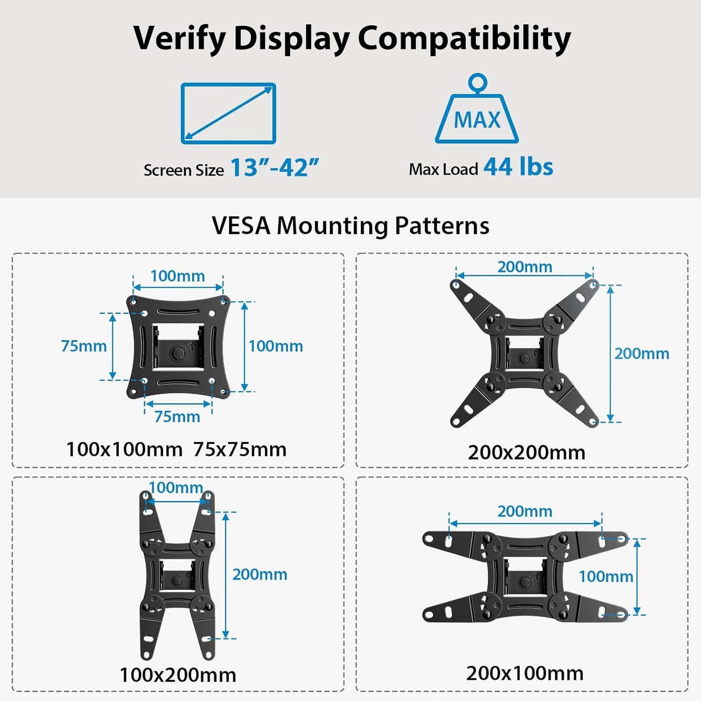 Full Motion TV Monitor Wall Mount Bracket Articulating Arms Swivels Tilts Extension Rotation for Most 13-42 Inch LED LCD Flat Curved Screen TVs & Monitors, Max VESA 200x200mm up to 44lbs by Pipishell