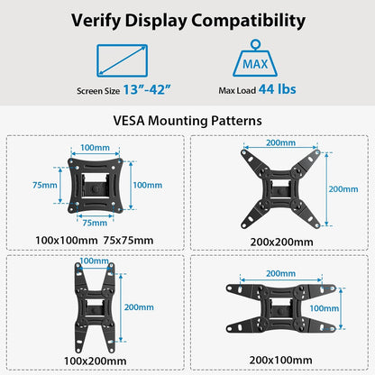 Full Motion TV Monitor Wall Mount Bracket Articulating Arms Swivels Tilts Extension Rotation for Most 13-42 Inch LED LCD Flat Curved Screen TVs & Monitors, Max VESA 200x200mm up to 44lbs by Pipishell