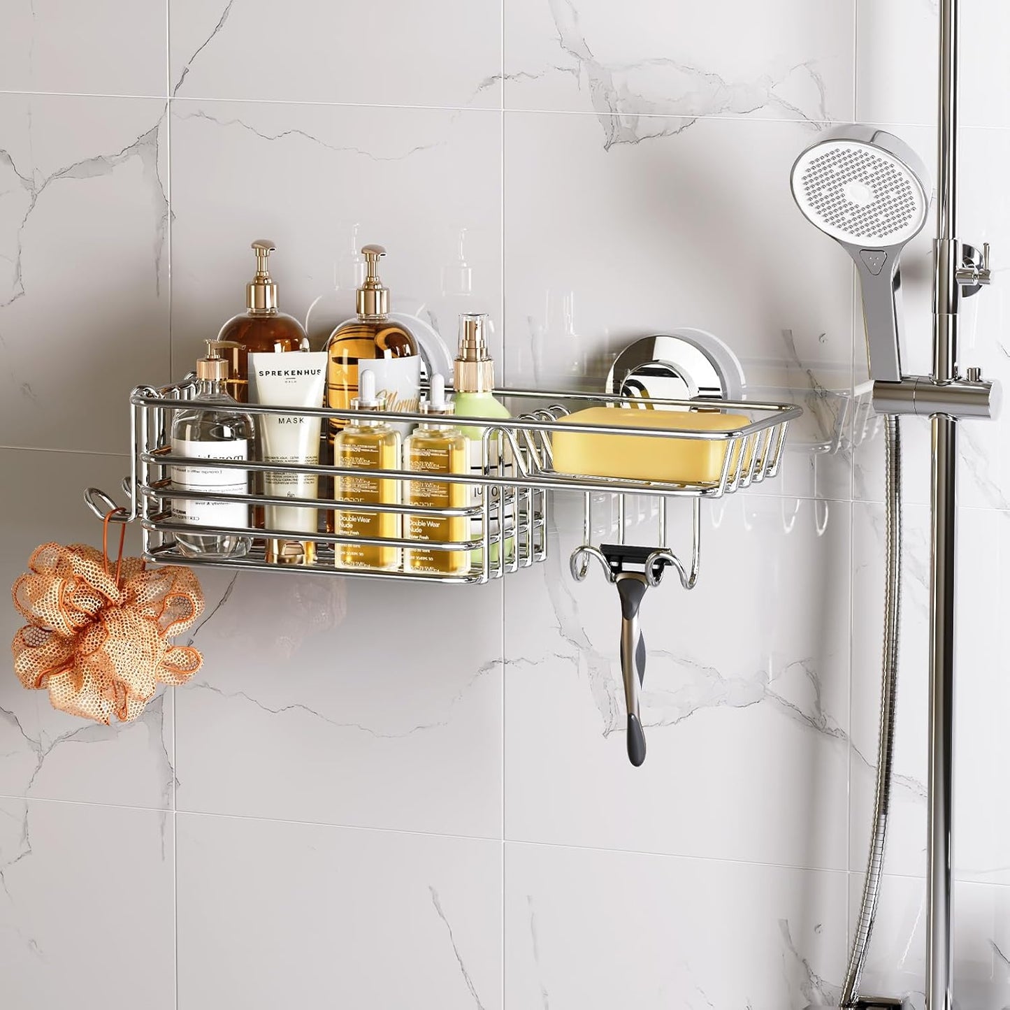 LEVERLOC Shower Caddy Suction Cup, 2 Pack Black Shower Shelf with Hooks and Soap Holder, NO-Drilling Bathroom Organizer, Rustproof Metal Bathroom Storage and Organization