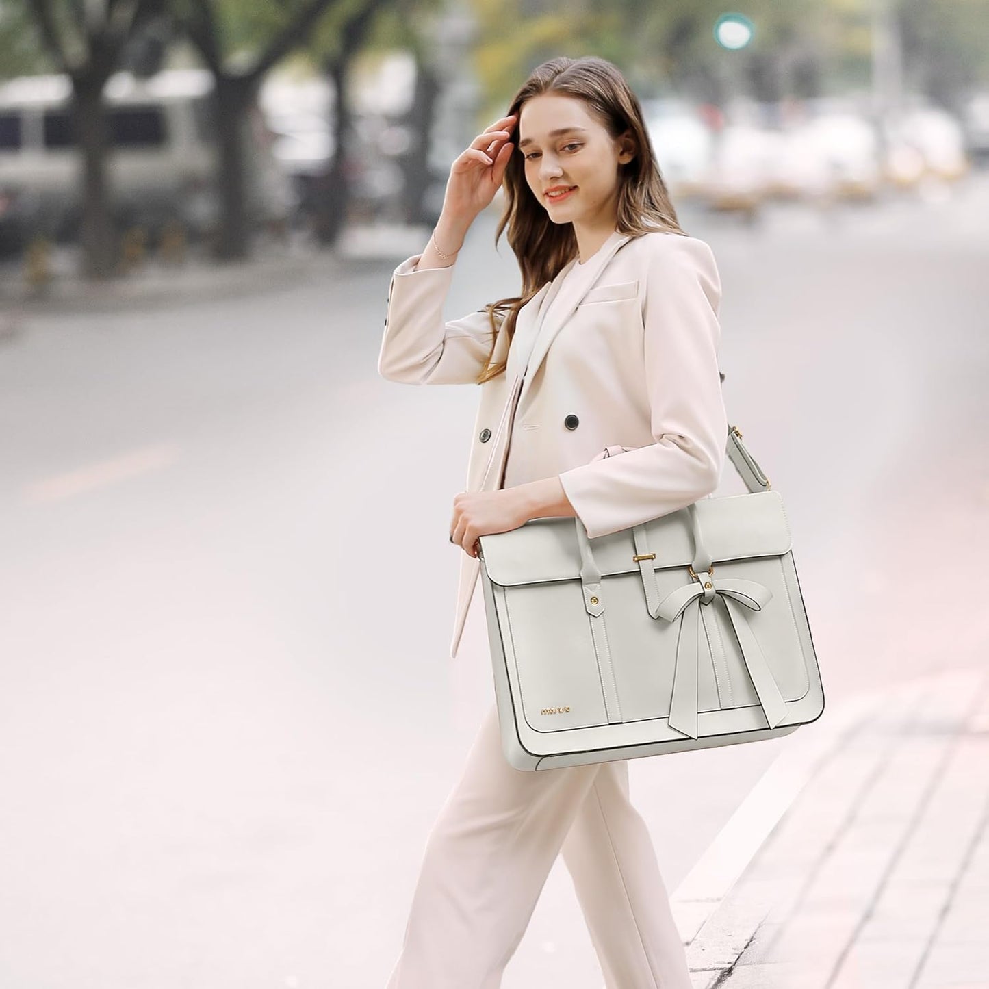 MOSISO Laptop Bag for Women, PU Leather Laptop Shoulder Bag Convertible Backpack, Work Travel Computer Bag with Bowknot - PuriLite
