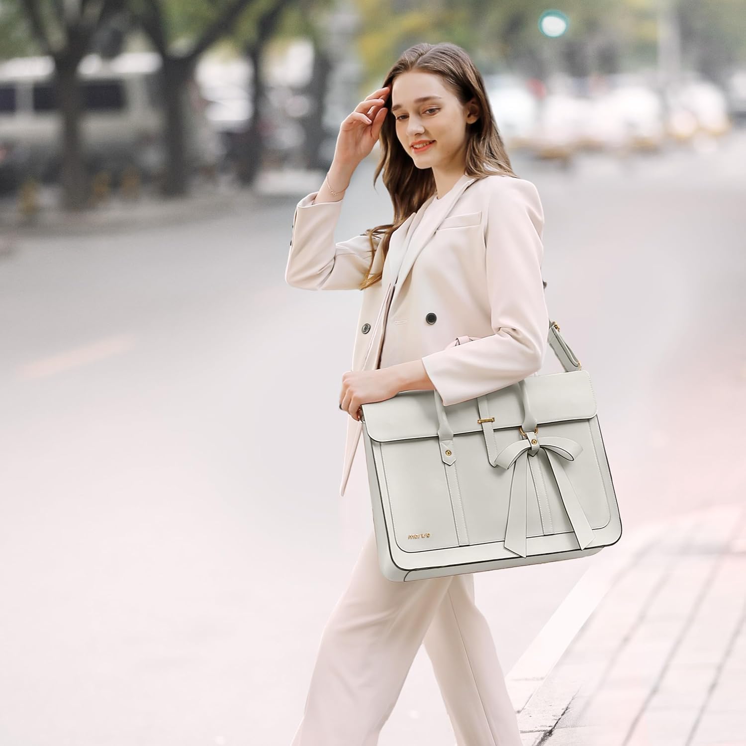 MOSISO Laptop Bag for Women, PU Leather Laptop Shoulder Bag Convertible Backpack, Work Travel Computer Bag with Bowknot - PuriLite