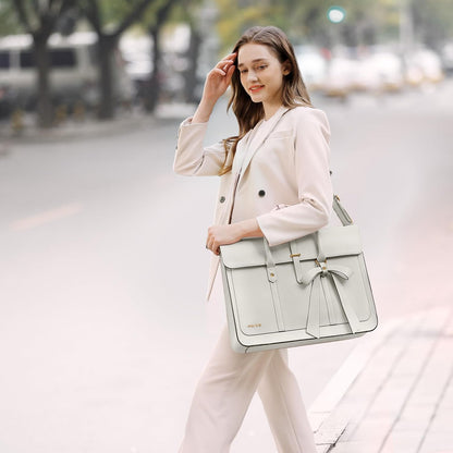 MOSISO Laptop Bag for Women, PU Leather Laptop Shoulder Bag Convertible Backpack, Work Travel Computer Bag with Bowknot - PuriLite