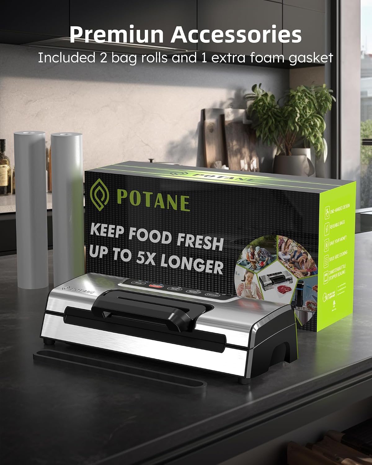 Vacuum Sealer Machine, Potane Commercial Pro Vacuum Food Sealer with Easy-Lock Handle, Built-in Cutter and Bag Storage, Dry&Moist Food Modes, Auto&Manual Sealing Options, 2 Bags Rolls, Stainless Steel