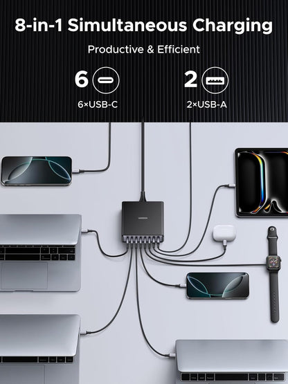 UGREEN 200W 8-Port GaN USB C Charger Block, Desktop Charging Station USB C and USB PD 100W Fast Charging Compatible for MacBook Pro 16" Air, XPS 13, iPad Pro, iPhone 16 Pro, Galaxy S25
