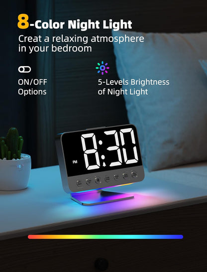 Odokee Digital Alarm Clocks for Bedrooms: Large Bold Number 5 Brightness Dimmer - Easy to Read Across The Room - 5 Alarm Sound 8 Night Light - Silver