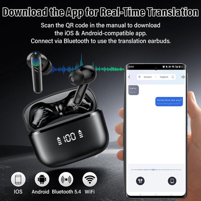 AI Translation Earbuds Real Time, 3-in-1 Language Translator Earbuds for 144 Languages & Accents Online Translation, 48H translate Earbuds with Bluetooth & APP for Travel/Business/Learning, Black