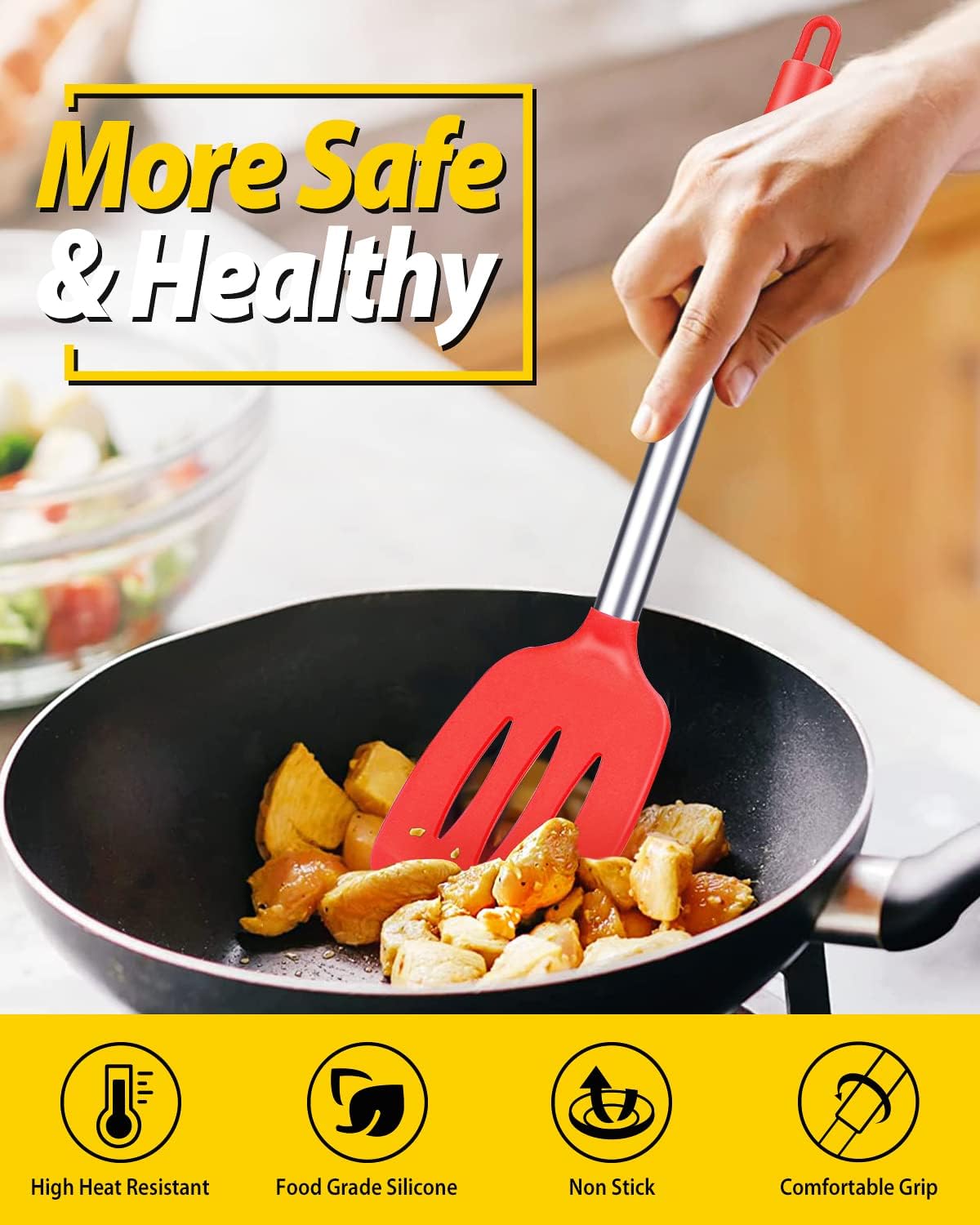 Pack of 2 Silicone Slotted Spatula,Non Stick Solid Kitchen Turner, High Heat Resistant BPA Free Cooking Utensils for Fish, Eggs, Pancakes（Black