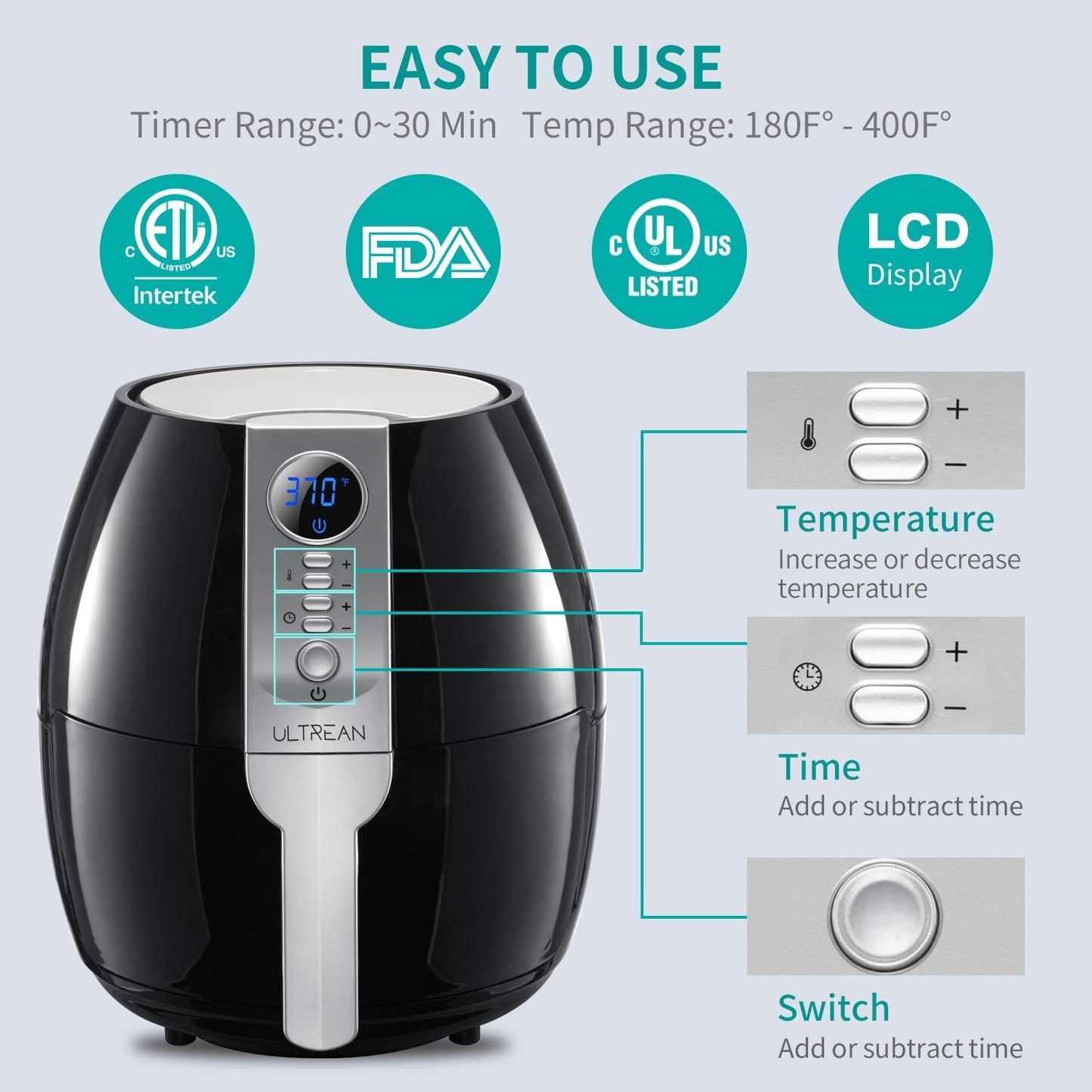 Ultrean Air Fryer, 4.2 Quart (4 Liter) Electric Hot Air Fryers Oven Oilless Cooker with LCD Digital Screen and Nonstick Frying Pot, UL Certified,1-Year Warranty,1500W (Black)
