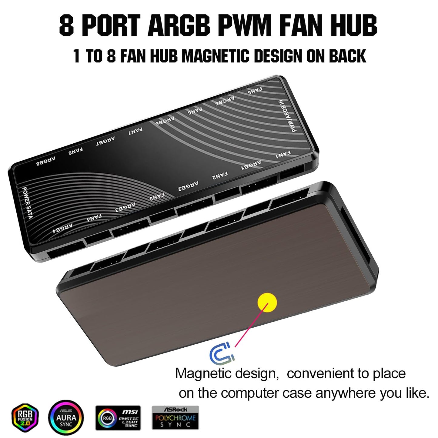 ARGB PWM Fan Hub, Addressable 5V-3PIN ARGB 12V 4PIN PWM 2-in-1 RGB Case Fan Hub SATA Power Input, 9 Fan Port and 9 LED Port, PC Fan hub Support 9 Computer ARGB PWM Fans Splitter