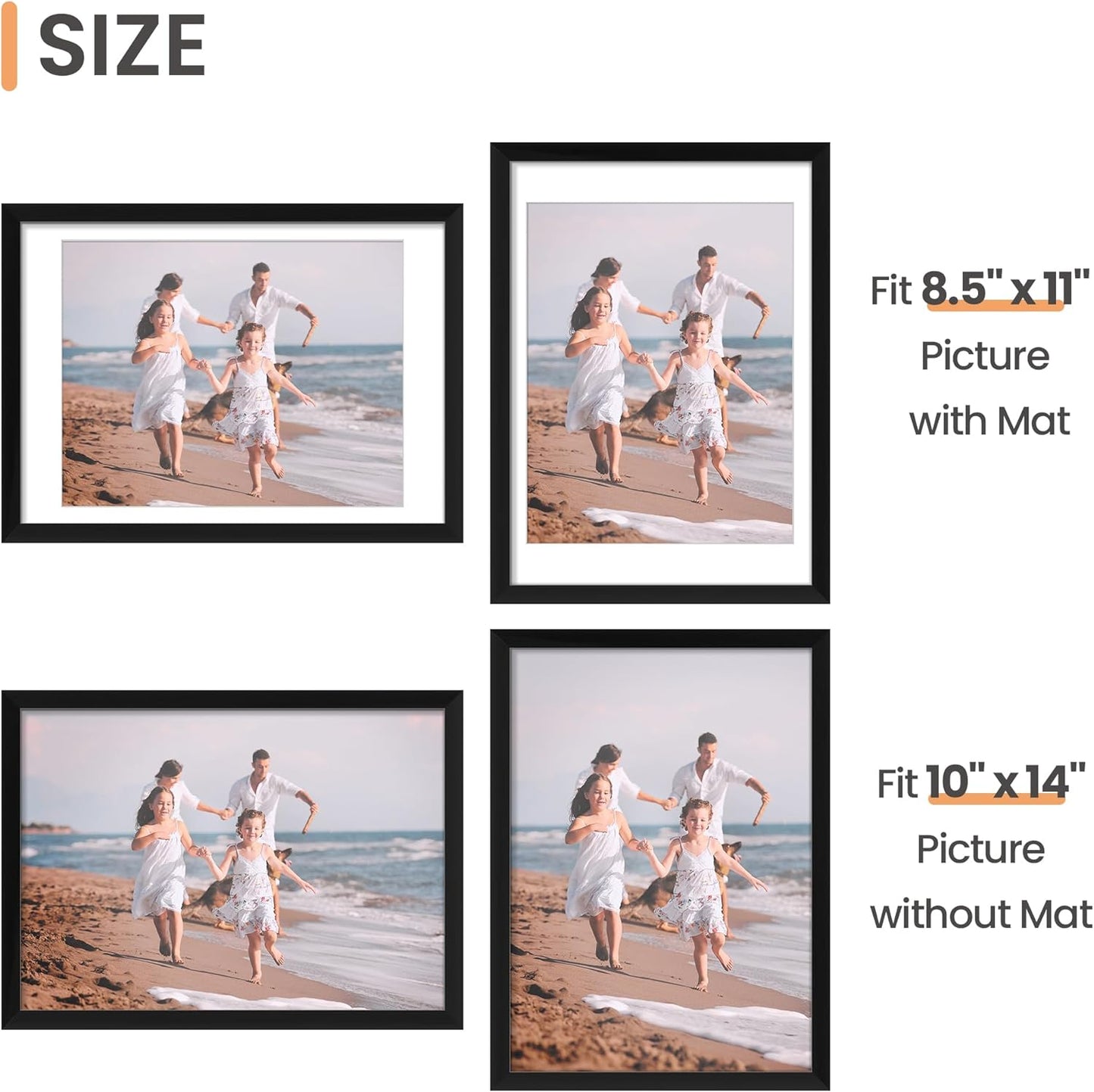 upsimples 11x14 Picture Frame, Display Pictures 8x10 with Mat or 11x14 Without Mat, Wall Hanging Photo Frames, Black