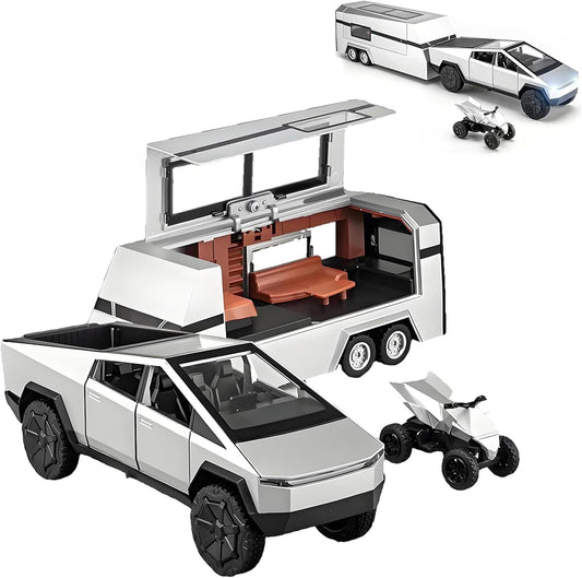 Cybertruck Diecast Toy Truck with RV & Motorcycle – 1:32 Metal Pickup Truck with Sound & Light, Pull-Back Action, Detachable Camper & Off-Road Motorcycle – Kids Vehicle Playset Age 6+