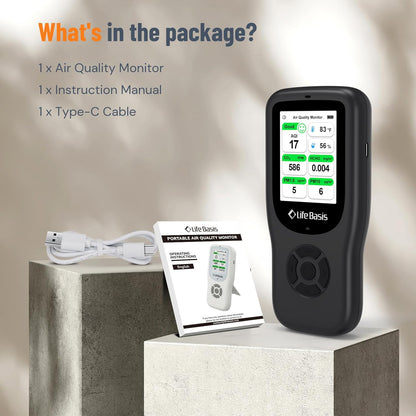 LifeBasis Air Quality Monitor Indoor, 10-in-1 Air Quality Detector with Stand, Real-Time Air Meter Test AQI, PM1.0, PM2.5, PM10, CO2, TVOC, HCHO, Particles, Temperature and Humidity with Alert -Black