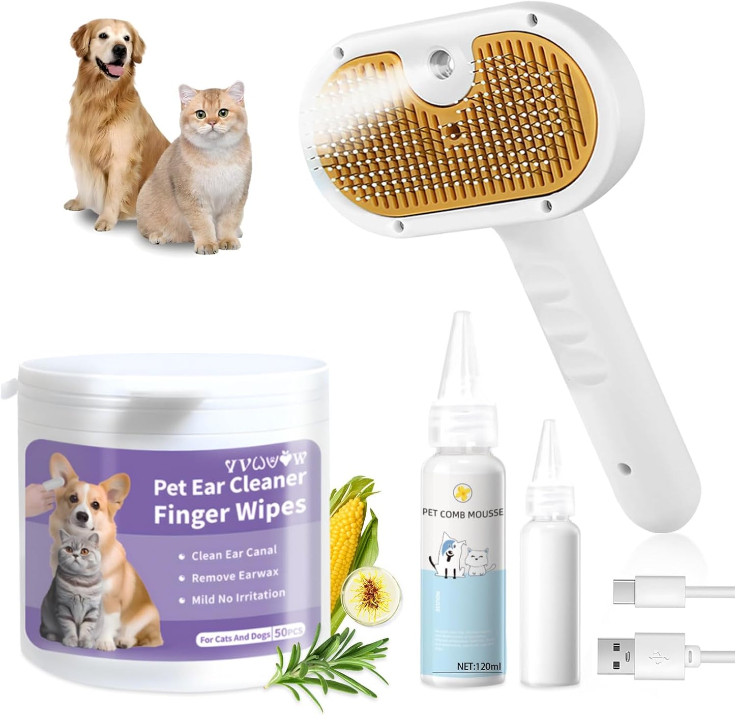 Cat Steam Brush for Dogs & Cats – 3-in-1 Pet Deshedding Tool for Long & Short Haired Pets, Grooming Shedding Brush-Contains shampoo