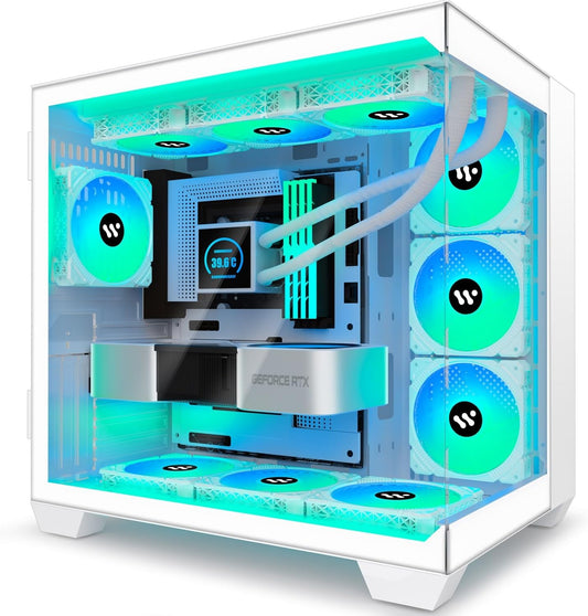 KEDIERS ATX PC Case,6 PWM ARGB Fans Pre-Installed,360MM RAD Support,Gaming 270° Full View Tempered Glass Mid Tower Pure White ATX Computer Case,C690