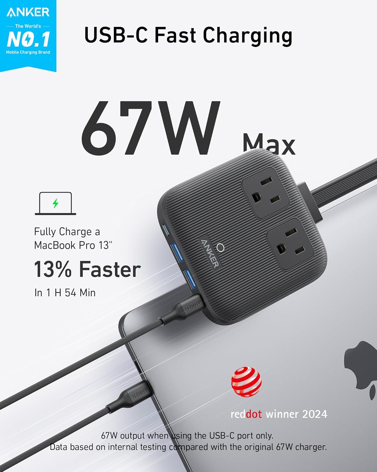 Anker Nano Charging Station(67W Max), 6-in-1 USB-C Power Strip for iPhone 16/15 and MacBook, with Flat Plug and 5ft Thin Undetachable Extension Cord,2 AC,2 USB-A,2 USB-C, for Home&Office - PuriLite