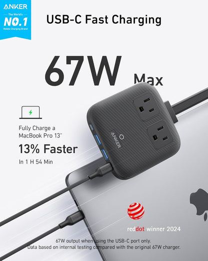 Anker Nano Charging Station(67W Max), 6-in-1 USB-C Power Strip for iPhone 16/15 and MacBook, with Flat Plug and 5ft Thin Undetachable Extension Cord,2 AC,2 USB-A,2 USB-C, for Home&Office - PuriLite