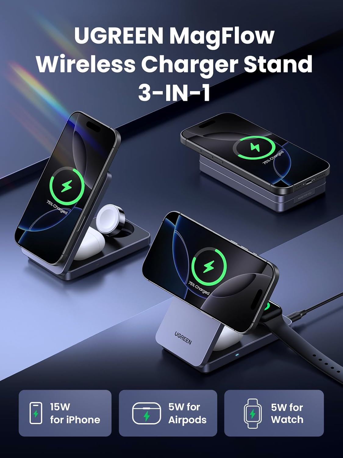 UGREEN MagSafe Qi2 15W 3-in-1 Wireless Charging Station, Foldable Wireless Charger Stand Compatible with iPhone 16/15/14/13/12 Series, AirPods 3/2/Pro, Smartwatch (Included 30W Adapter)