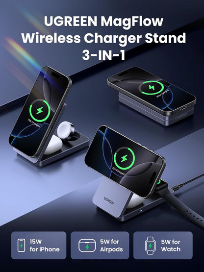 UGREEN MagSafe Qi2 15W 3-in-1 Wireless Charging Station, Foldable Wireless Charger Stand Compatible with iPhone 16/15/14/13/12 Series, AirPods 3/2/Pro, Smartwatch (Included 30W Adapter)